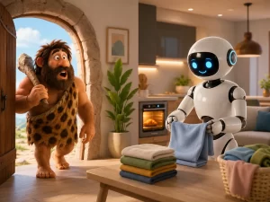 Uomo della preistoria osserva un robot umanoide domestico che piega il bucato in una casa moderna