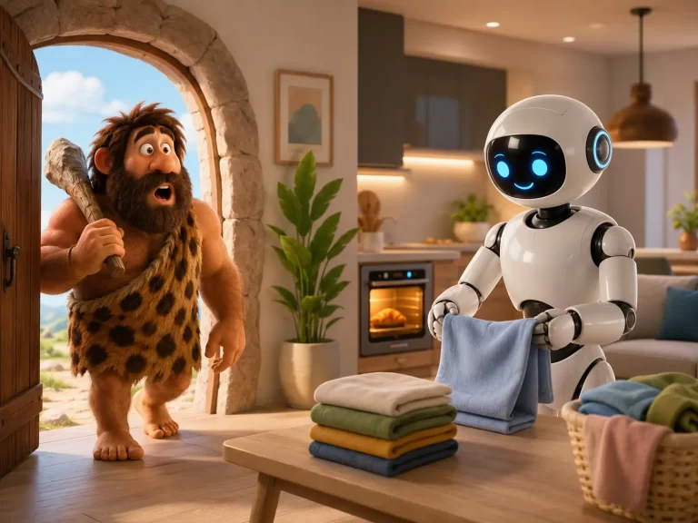 Uomo della preistoria osserva un robot umanoide domestico che piega il bucato in una casa moderna