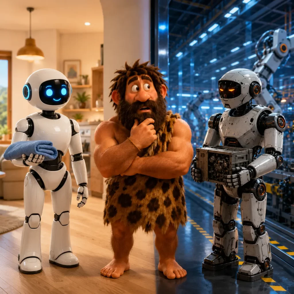 Uomo della preistoria osserva due robot umanoidi futuristici per casa e fabbrica