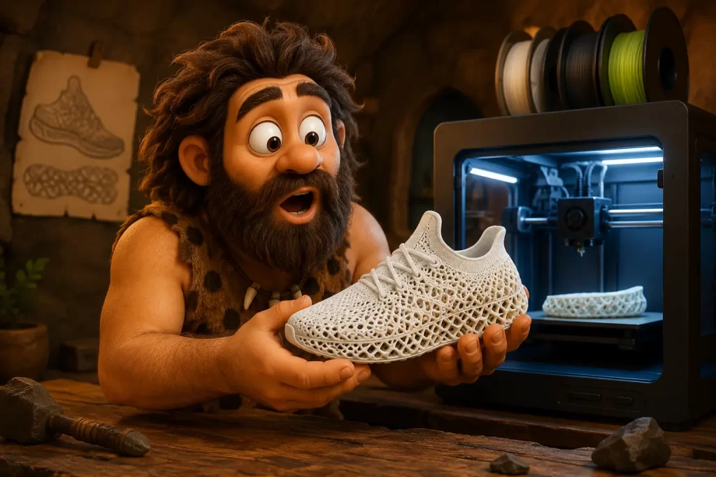 Cavernicolo osserva una sneaker stampata in 3D appena realizzata in laboratorio