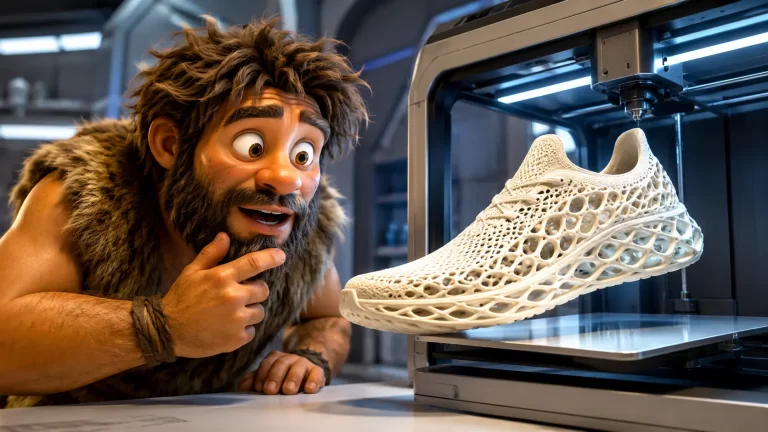 Cavernicolo osserva una sneaker futuristica appena prodotta da una stampante 3D
