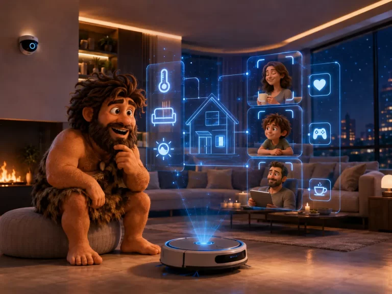 Cavernicolo stupito in una casa intelligente futuristica mentre controlla dispositivi smart con interfacce AI luminose