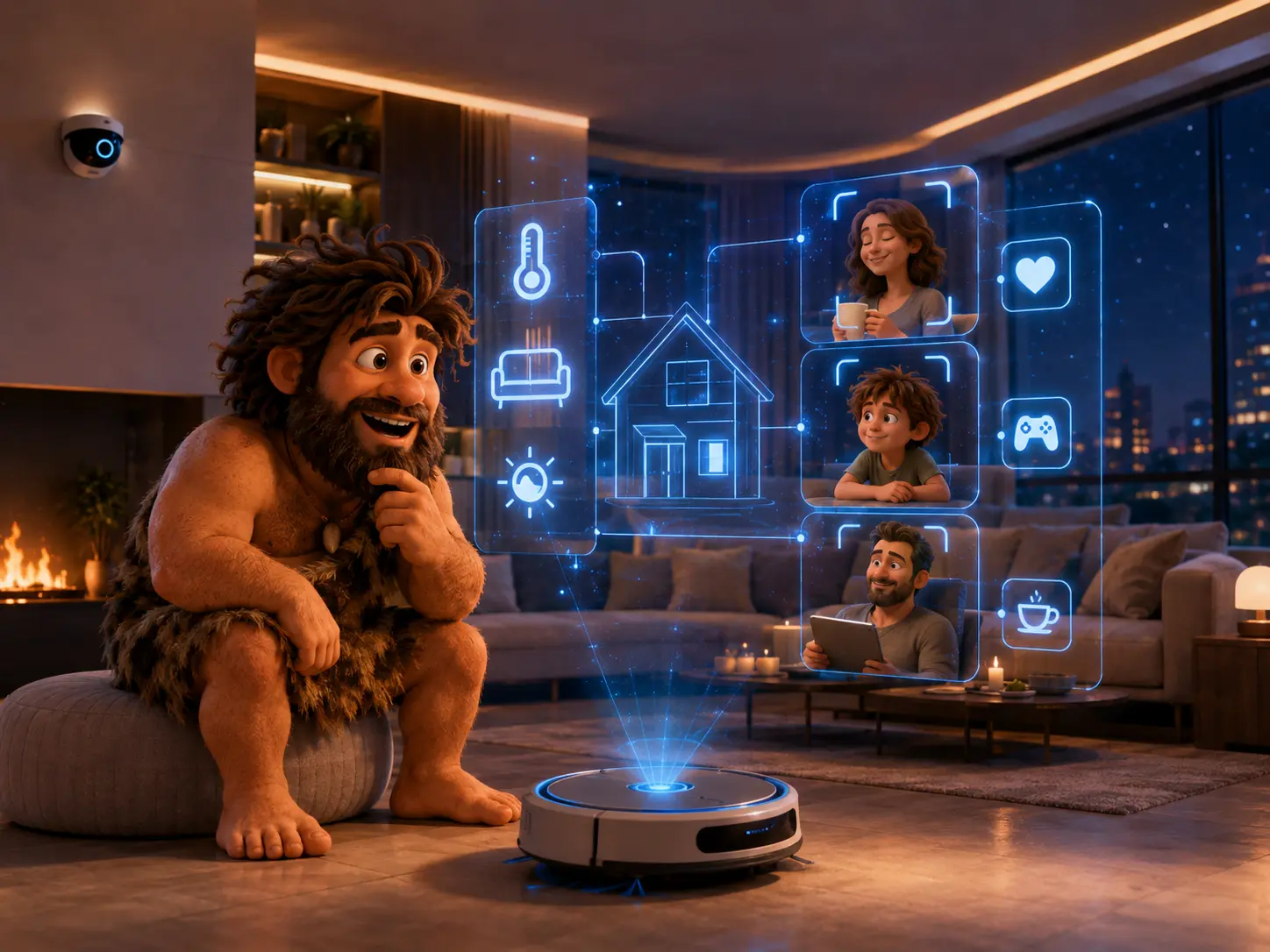 Cavernicolo stupito in una casa intelligente futuristica mentre controlla dispositivi smart con interfacce AI luminose