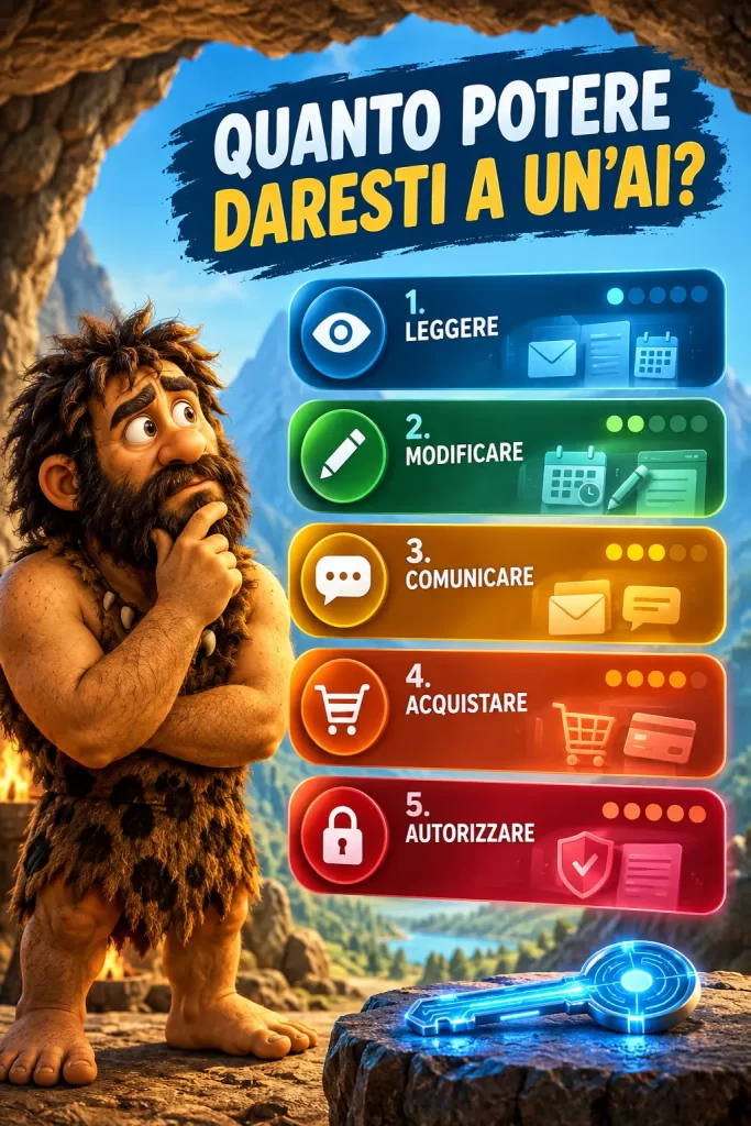 Infografica con i cinque livelli di accesso di un agente AI: leggere, modificare, comunicare, acquistare e autorizzare