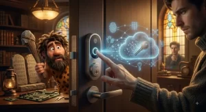 Cavernicolo di InnovativaMENTE osserva incuriosito una moderna serratura biometrica smart su una porta d'ingresso.