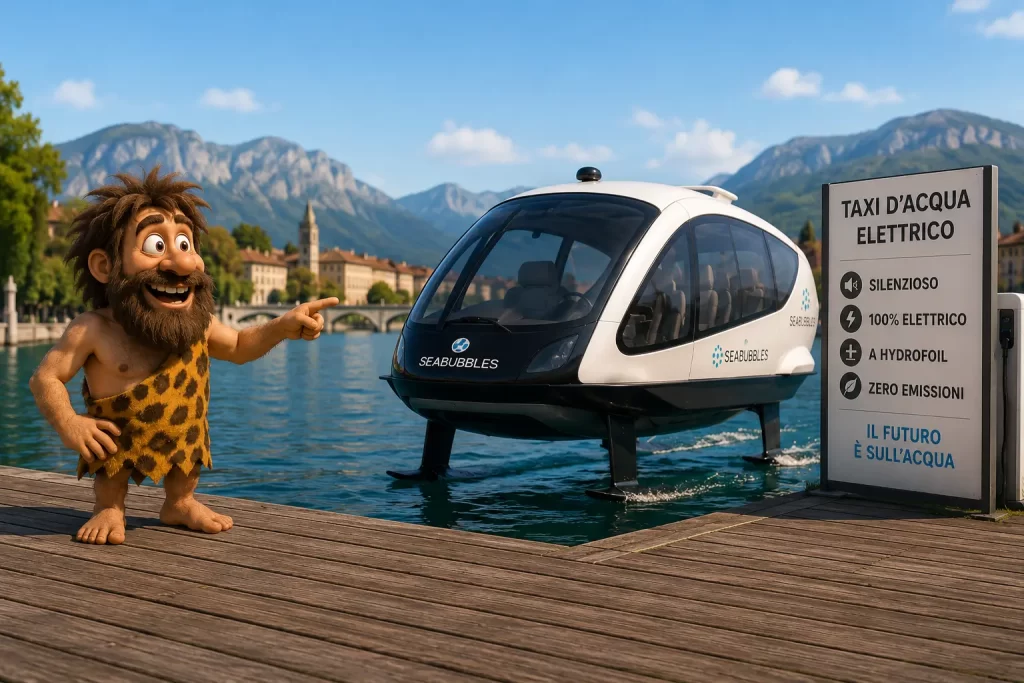 Cavernicolo osserva un taxi d’acqua elettrico su hydrofoil mentre attraversa un lago.