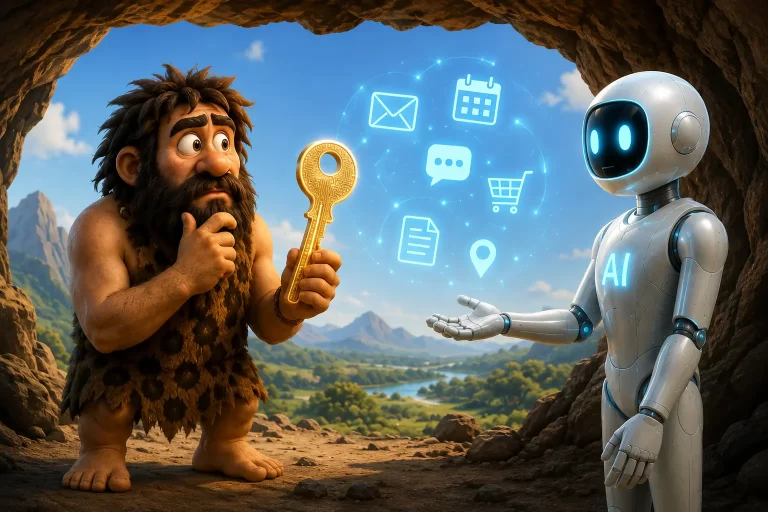 Cavernicolo indeciso davanti a un robot AI mentre tiene una chiave digitale che rappresenta l’accesso ai servizi online