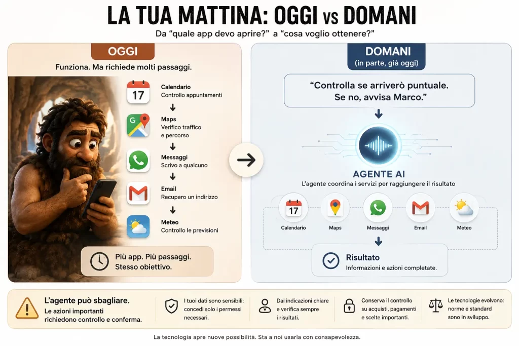 Infografica che confronta l’uso di più app oggi con un agente AI che coordina i servizi al posto dell’utente
