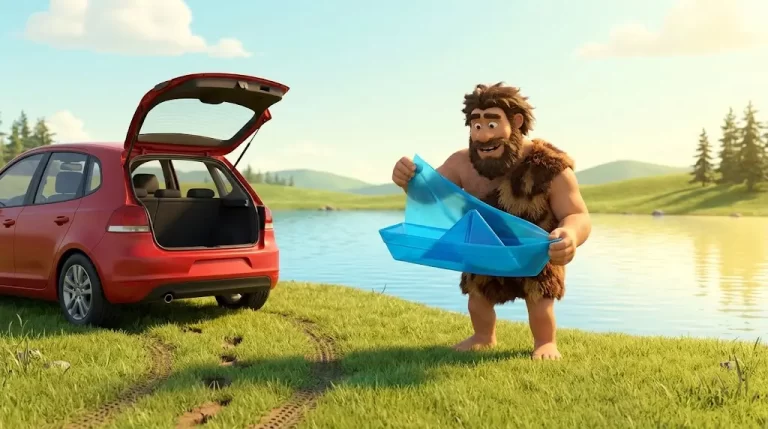 Render 3D cartoon dell'Uomo della Preistoria che assembla la barca pieghevole vicino al bagagliaio aperto dell'auto