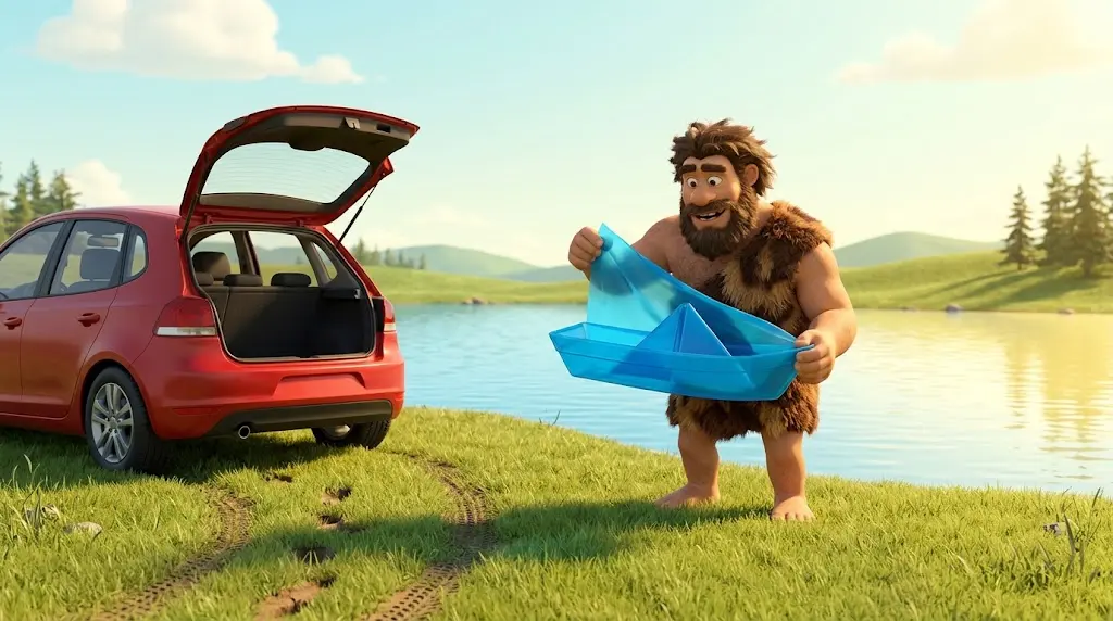 Render 3D cartoon dell'Uomo della Preistoria che assembla la barca pieghevole vicino al bagagliaio aperto dell'auto