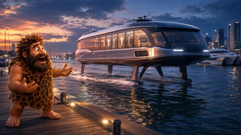 Cavernicolo osserva stupito un traghetto elettrico hydrofoil sollevato sopra l’acqua vicino a un porto moderno.