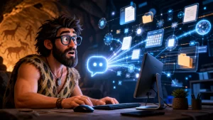 Cavernicolo davanti a un assistente AI collegato a documenti, calendario e strumenti digitali