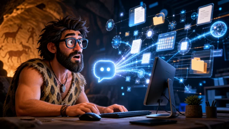 Cavernicolo davanti a un assistente AI collegato a documenti, calendario e strumenti digitali