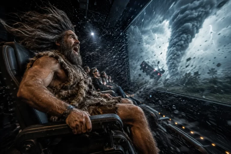 Cavernicolo seduto in una sala cinema immersiva mentre vento e spruzzi accompagnano una scena di tempesta sullo schermo.
