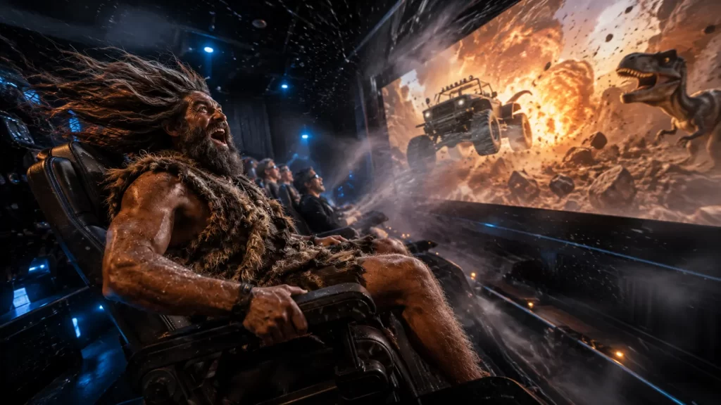 Cavernicolo in una poltrona da cinema immersivo mentre vento, spruzzi e movimento accompagnano una scena d’azione sullo schermo.
