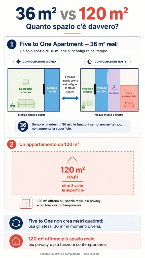 Infografica che confronta i 36 metri quadrati trasformabili del Five to One Apartment con un appartamento tradizionale da 120 metri quadrati
