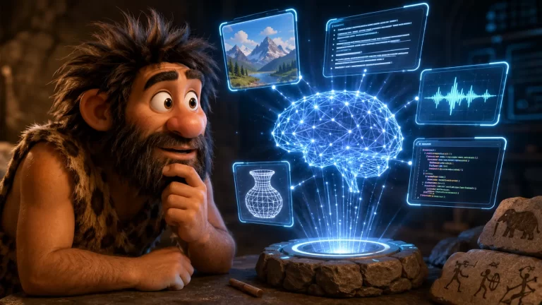 Cavernicolo osserva un sistema di intelligenza artificiale generativa che crea immagini, audio, codice e contenuti digitali
