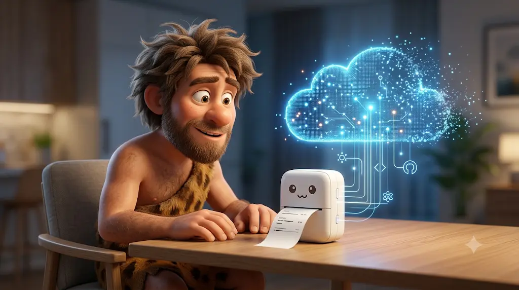 Piccola stampante termica connessa che stampa un messaggio mentre il servizio cloud si interrompe