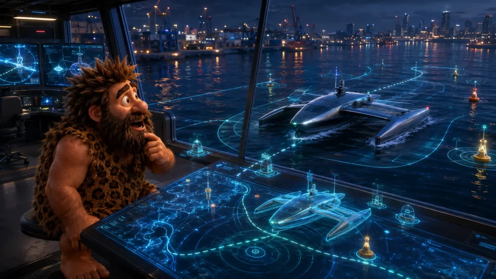 Cavernicolo osserva una nave autonoma navigare di notte mentre sistemi digitali monitorano la rotta e gli ostacoli.