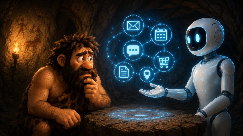 Cavernicolo osserva un agente AI che analizza email mentre individua un messaggio potenzialmente malevolo