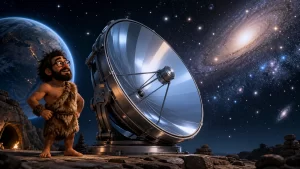 Cavernicolo davanti a un grande specchio telescopico rivolto dalla Terra verso galassie lontane