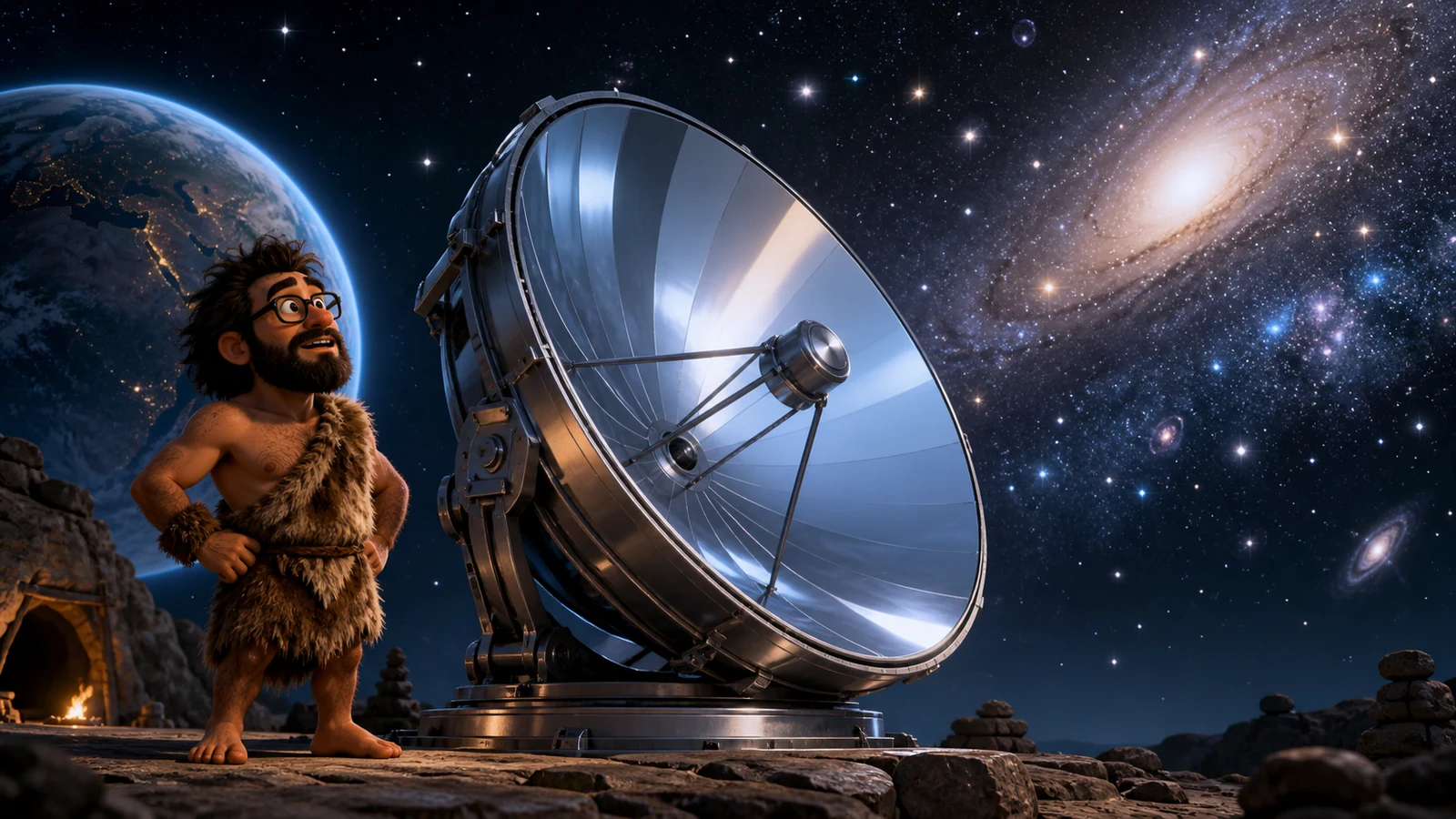 Cavernicolo davanti a un grande specchio telescopico rivolto dalla Terra verso galassie lontane