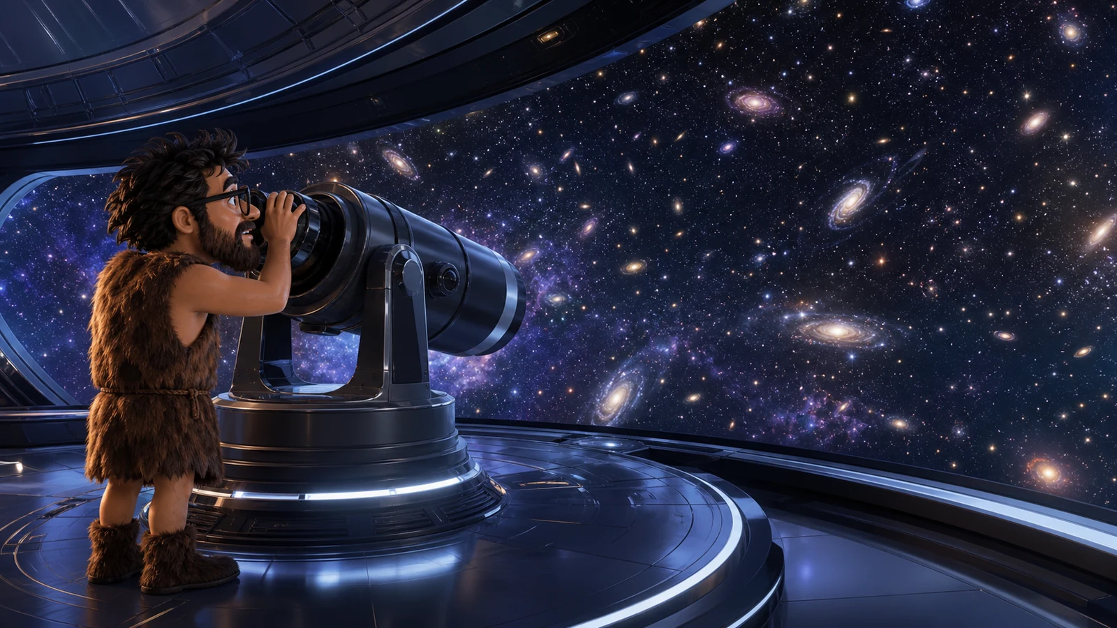 Cavernicolo osserva un vasto panorama di galassie attraverso un telescopio grandangolare futuristico