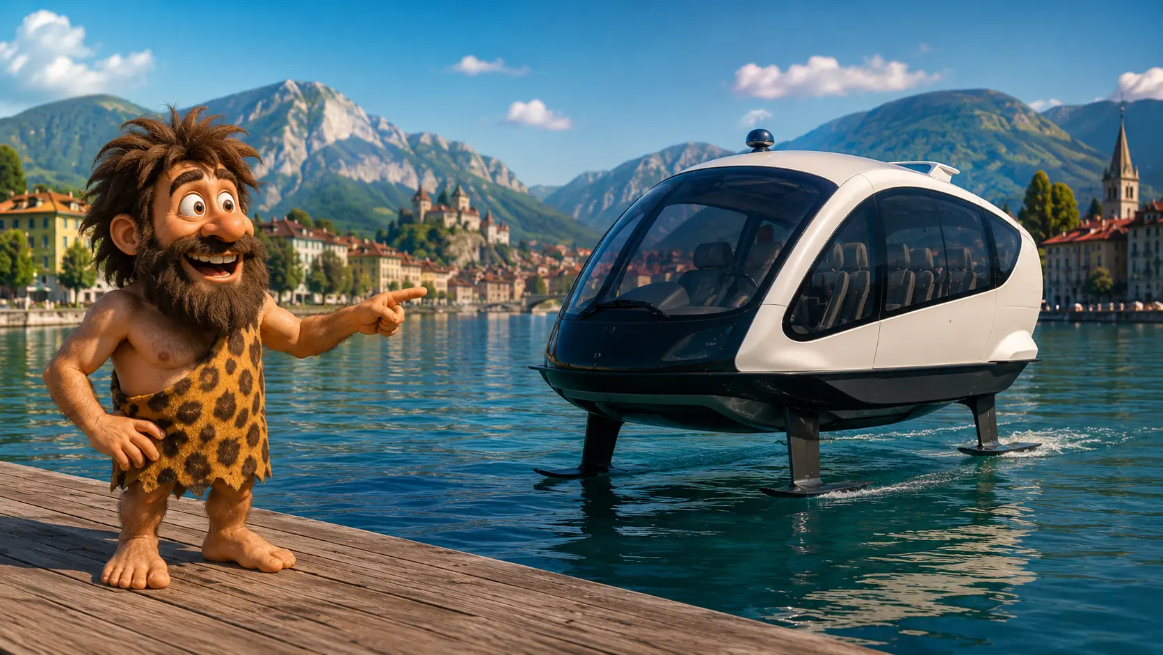 Cavernicolo osserva stupito un taxi d’acqua elettrico su hydrofoil sollevato sopra la superficie di un lago alpino.