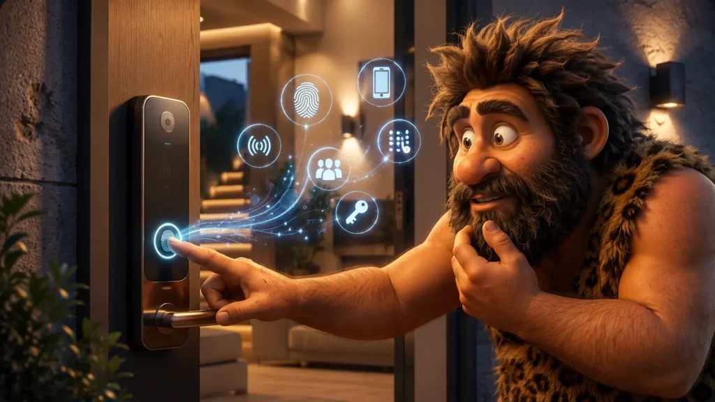 Cavernicolo apre una porta appoggiando il dito sul sensore di una serratura biometrica.