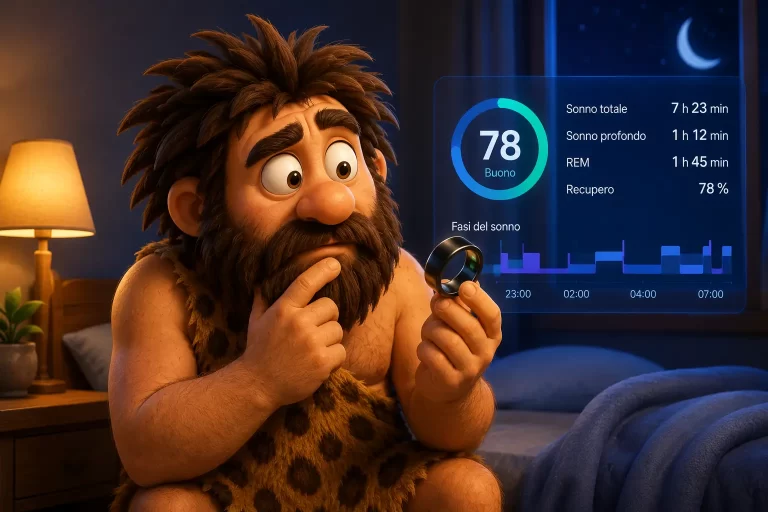 Cavernicolo osserva uno smart ring accanto ai dati sul monitoraggio del sonno