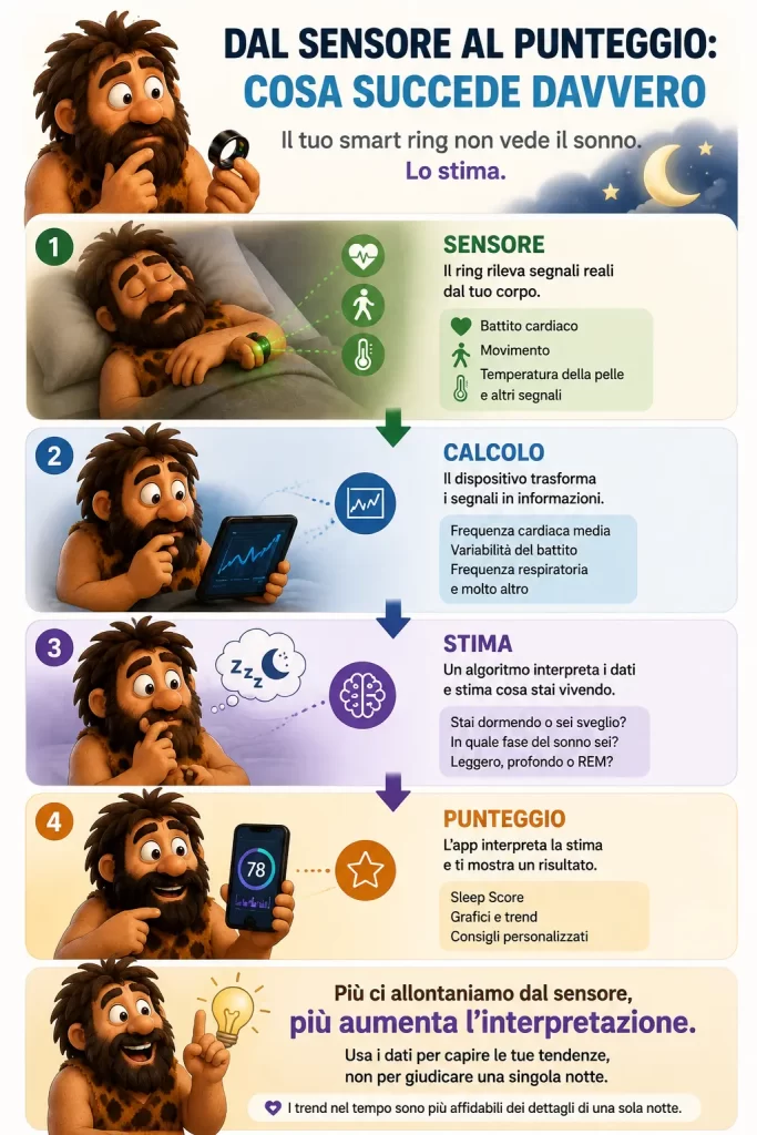 Infografica che mostra come uno smart ring passa dai segnali rilevati dal sensore alla stima delle fasi del sonno e al punteggio finale