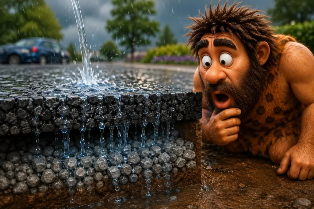Cavernicolo osserva l’acqua attraversare una pavimentazione permeabile e gli strati drenanti sottostanti.