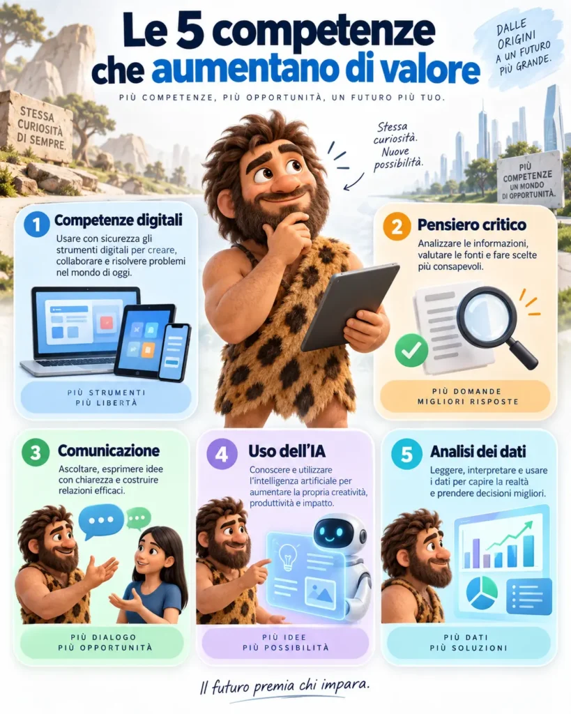 Infografica verticale sulle 5 competenze che aumentano di valore: competenze digitali, pensiero critico, comunicazione, uso dell’IA e analisi dei dati