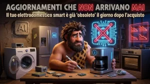 La mascotte cavernicola di InnovativaMENTE perplessa davanti a un elettrodomestico smart con un simbolo di aggiornamento bloccato e lo sfondo della cucina tecnologica.