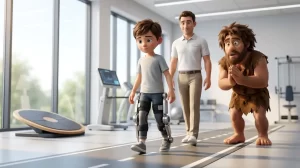 Bambino che cammina con ortesi robotiche alle ginocchia in un centro di riabilitazione mentre il cavernicolo InnovativaMENTE osserva