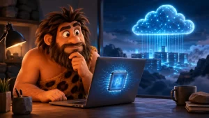 Cavernicolo InnovativaMENTE davanti a un computer con AI locale mentre osserva un’infrastruttura cloud in lontananza