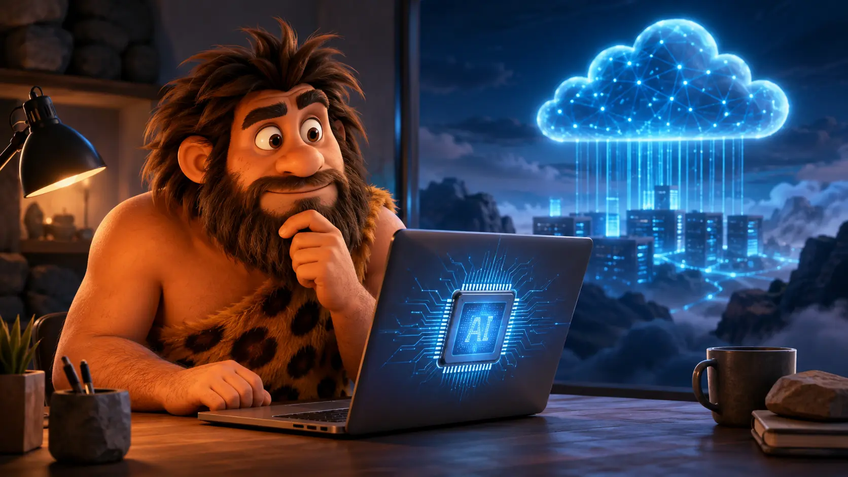 Cavernicolo InnovativaMENTE davanti a un computer con AI locale mentre osserva un’infrastruttura cloud in lontananza