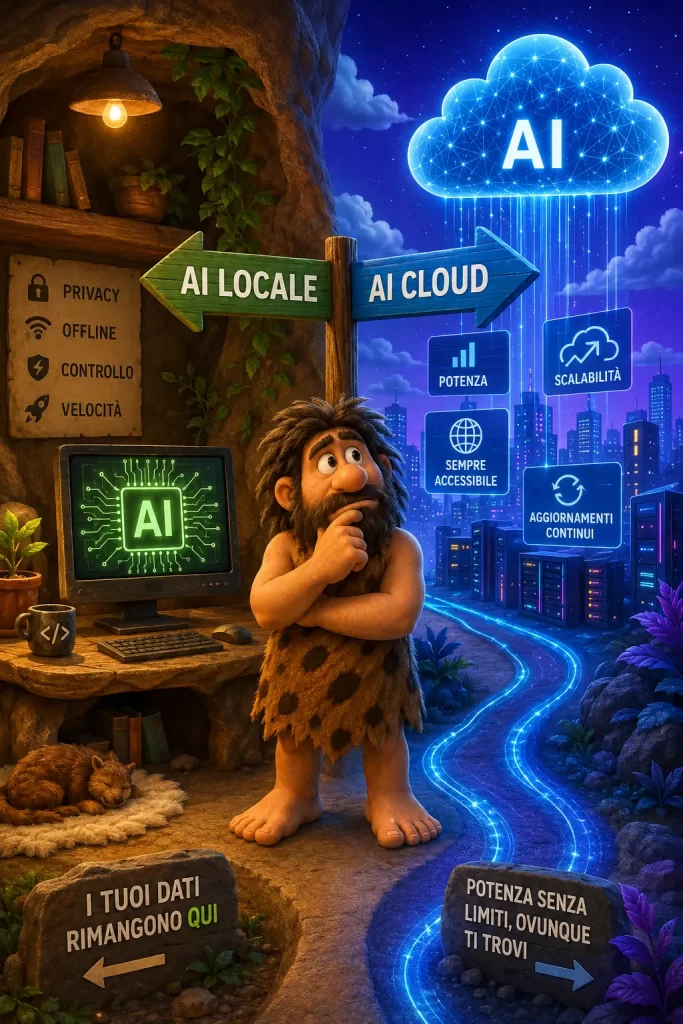Cavernicolo InnovativaMENTE al bivio tra AI locale in una grotta e AI cloud rappresentata da server e infrastruttura digitale