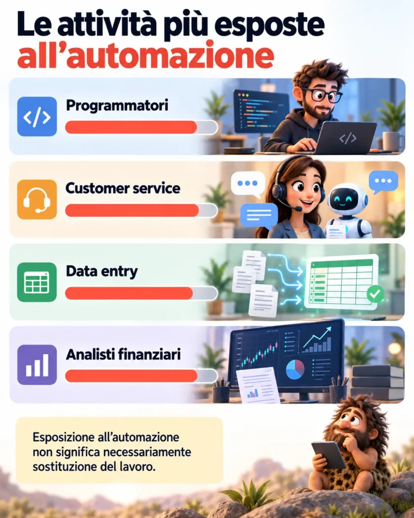 Infografica verticale che mostra le attività più esposte all’automazione: programmatori, customer service, data entry e analisti finanziari