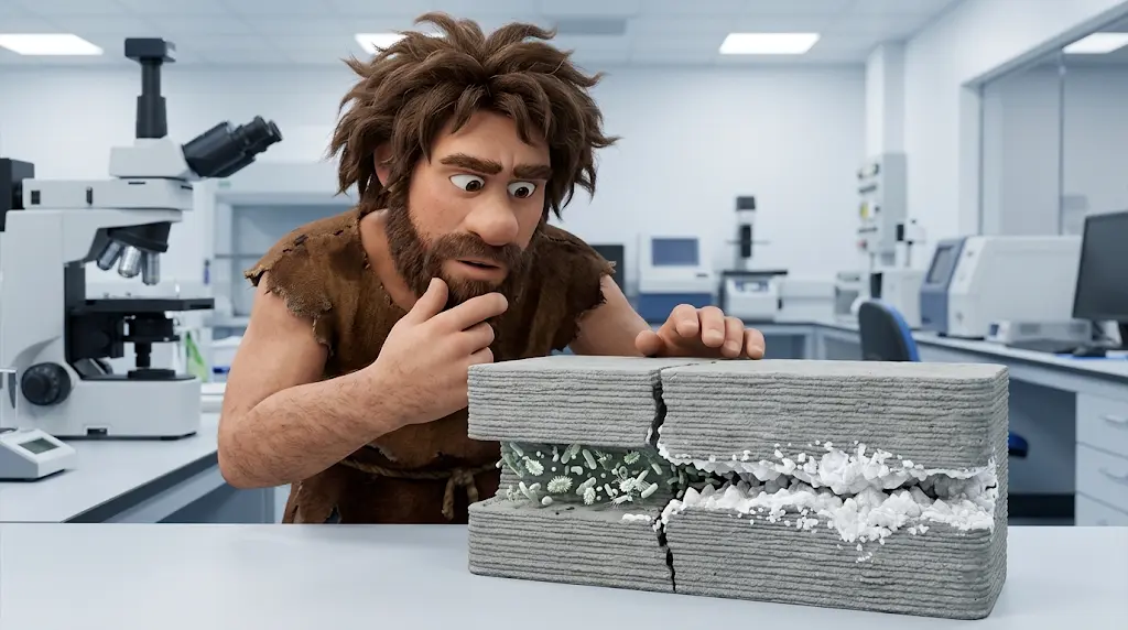 Cavernicolo osserva batteri e cristalli minerali all’interno di una crepa nel calcestruzzo stampato in 3D