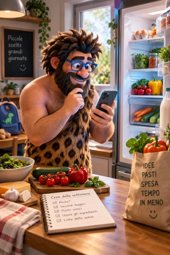 Cavernicolo davanti al frigorifero usa uno smartphone per organizzare pasti, ingredienti e lista della spesa con l’aiuto dell’intelligenza artificiale