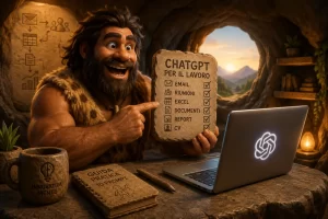 Cavernicolo al computer mostra una checklist di attività lavorative da svolgere con ChatGPT, tra email, riunioni, Excel, documenti e report