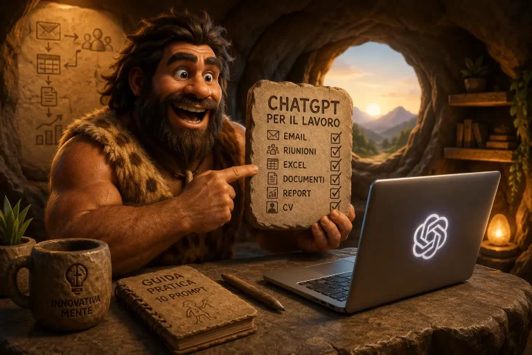 Cavernicolo al computer mostra una checklist di attività lavorative da svolgere con ChatGPT, tra email, riunioni, Excel, documenti e report