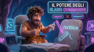 Cavernicolo 3D di InnovativaMENTE seduto in una grotta tecnologica mentre incide comandi slash come /critico su una lavagna di pietra con bagliori al neon.