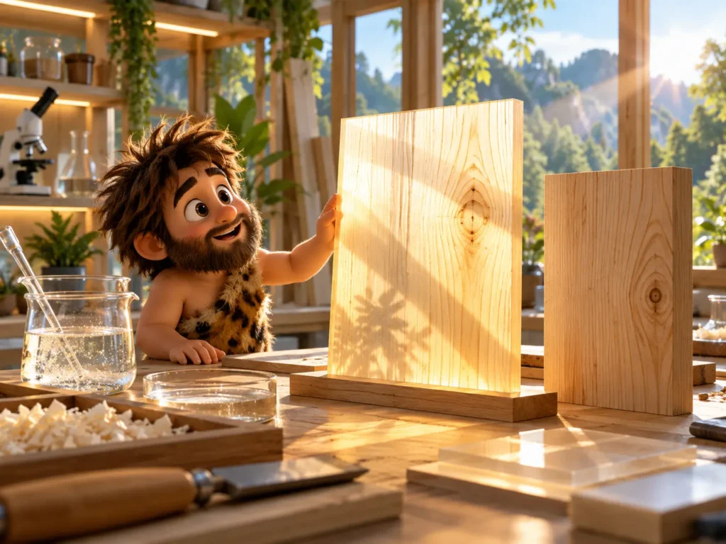 Cavernicolo osserva un pannello di legno trasparente illuminato accanto a un campione di legno normale