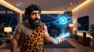 Cavernicolo InnovativaMENTE in un soggiorno smart mentre osserva una chiave digitale luminosa e un assistente AI collegato ai dispositivi di casa