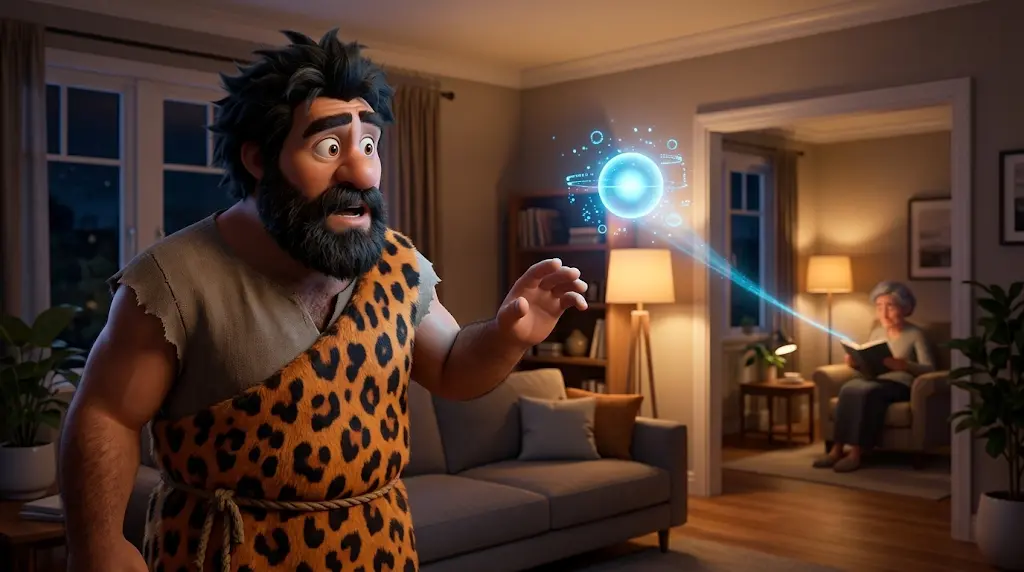 Cavernicolo in una casa smart mentre alcune luci si spengono e un’altra persona continua a leggere in una stanza vicina