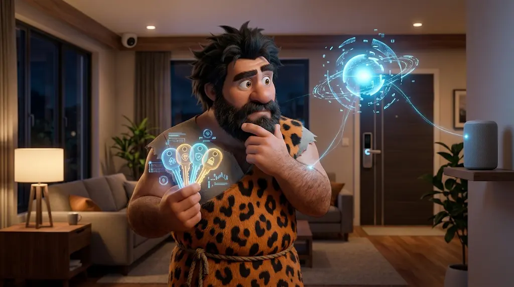 Cavernicolo in una smart home con chiavi digitali luminose davanti a lampada, speaker, telecamera e porta di casa