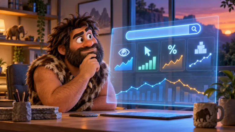 Cavernicolo InnovativaMENTE osserva una dashboard digitale con grafici e simboli che rappresentano impressioni, clic, CTR e posizione nei risultati di ricerca.