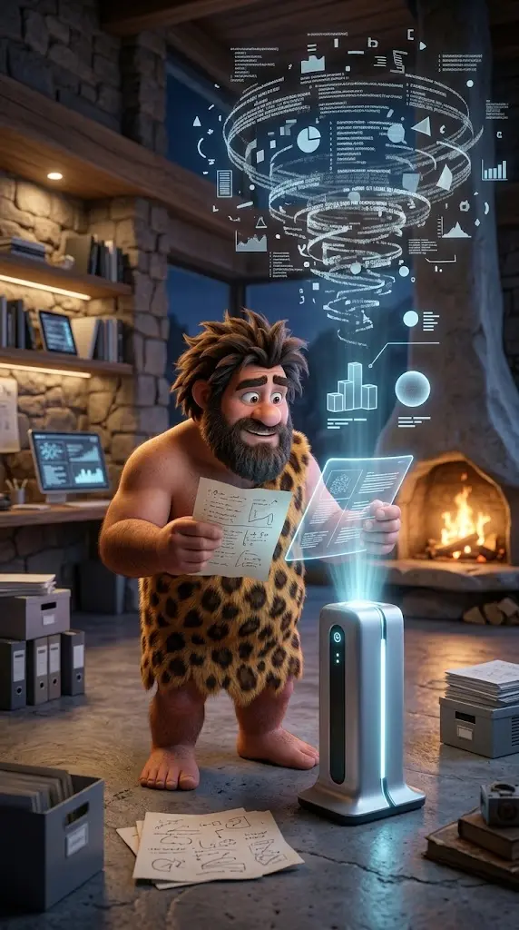 La mascotte di InnovativaMENTE in piedi di fronte a uno schermo olografico mentre analizza e organizza documenti complessi grazie all'AI.